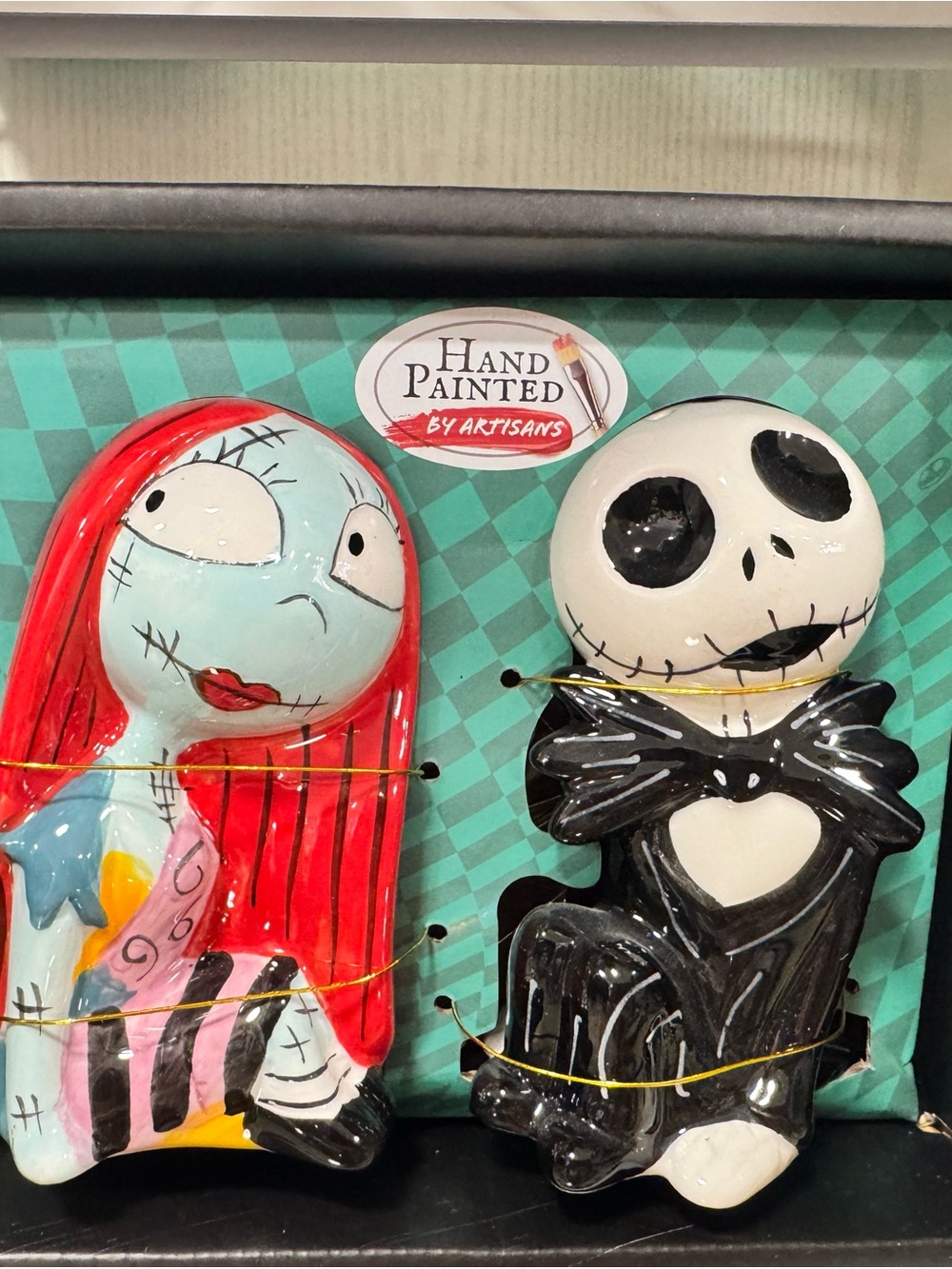 Hand-Painted Red & Black Jack Skellington and Sally salt and pepper shakers